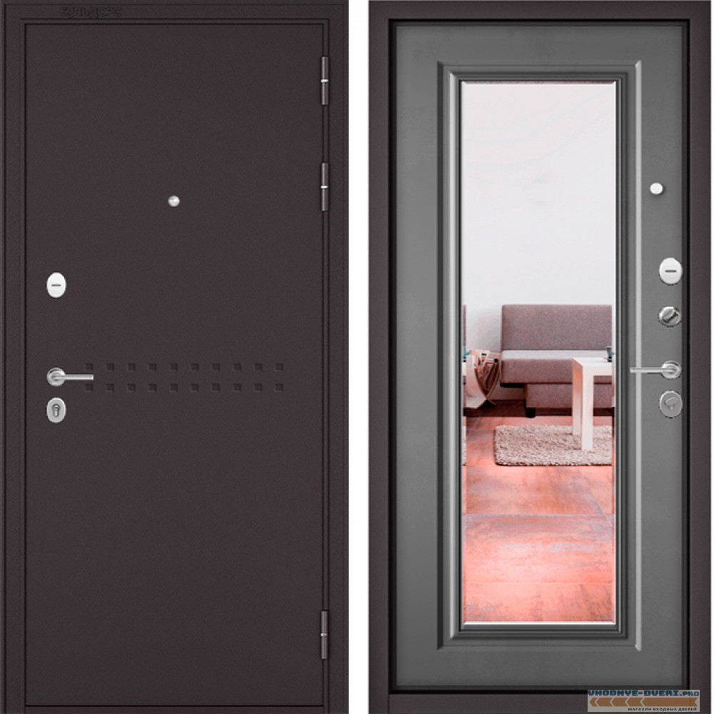 Дверь Бульдорс MASS 90 Букле шоколад R-4 / Бетон серый 9S-140 зеркало